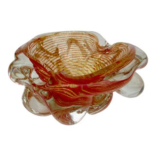 C.1960's Barovier E Toso Italian Murano Large Thick Red, With Gold Leaf Inclusions "Zebrati" Bowl For Sale