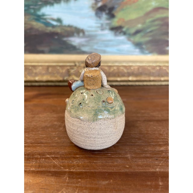 Folk Art Handmade Studio Pottery Incense Holder With Seated Figure Sculpture, Signed 1976 For Sale - Image 3 of 10