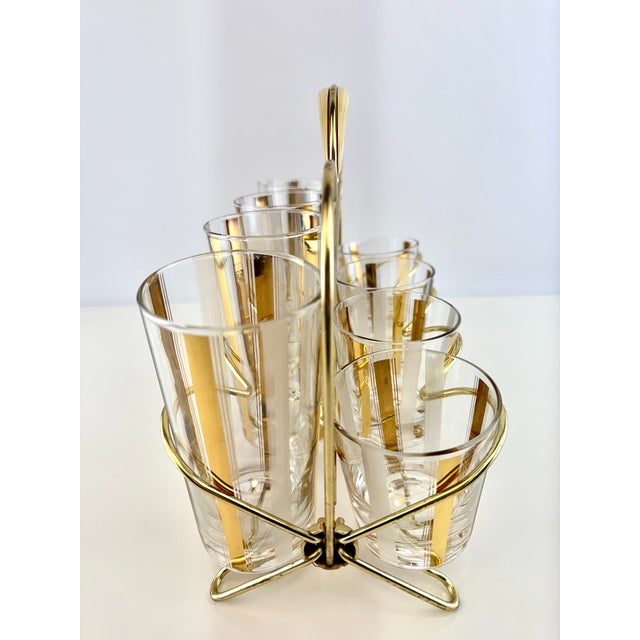 1960s Mid-Century Modern Gold & Frosted Stripe Cocktail Glass Barware Caddy, Set of 8 For Sale - Image 9 of 9