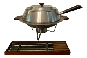 Mid-Century Modern 1950s Teak& Stainless Steel Fondue Set- 11 Pieces