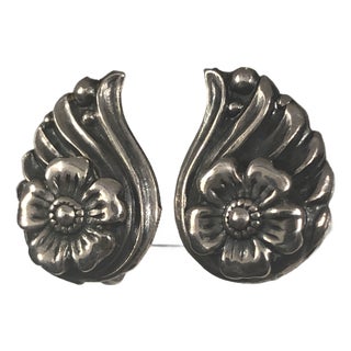 1940s Sterling Repoussé Flower and Leaf Earrings, A Pair For Sale