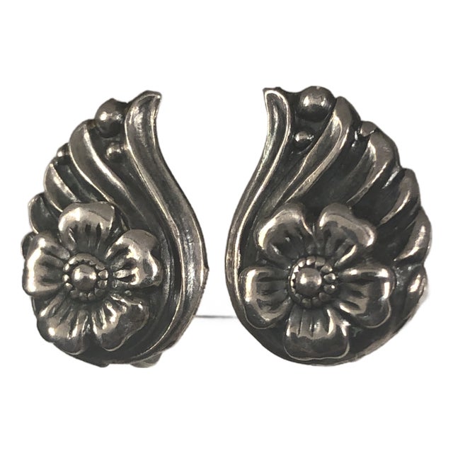 1940s Sterling Repoussé Flower and Leaf Earrings, A Pair For Sale