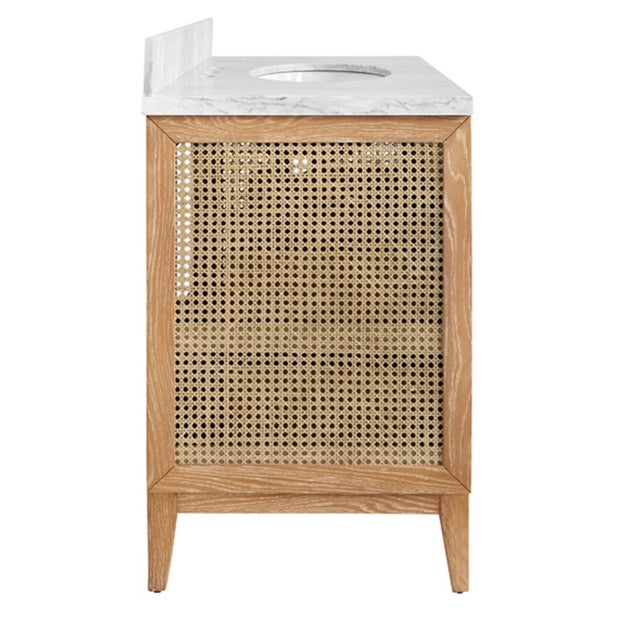 2020s Matthew Izzo Home Wynn Cerused Oak Single Porcelain Sink Bath Vanity With Carrara Marble Top, 3 Caned Drawers and Brass Knobs For Sale - Image 5 of 10