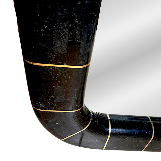 Wood 1980s Postmodern Tessellated Stone Wall Mirror Inlaid Brass Spokes Attrib. Maitland-Smith For Sale - Image 7 of 10