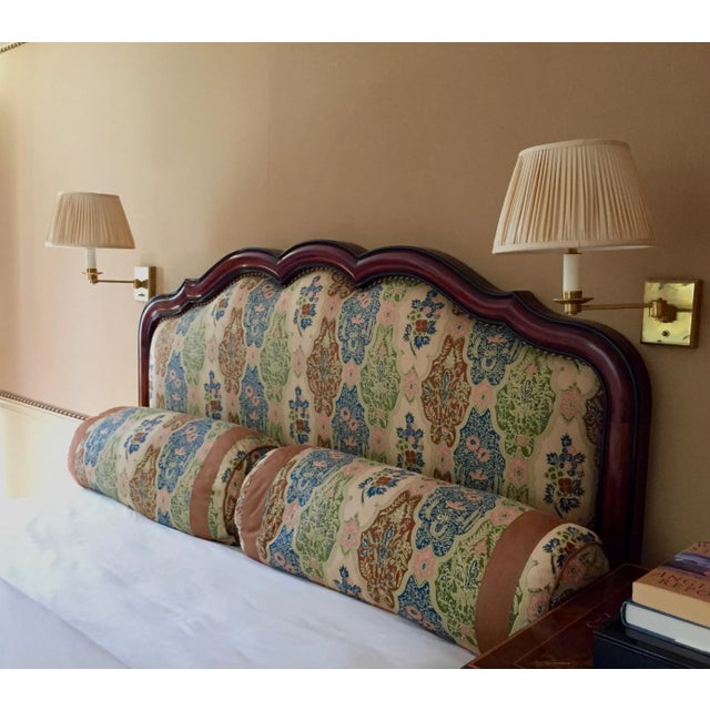 English Queen Size Headboard Upholstered With Paisley Fabric With Mahogany Frame and Matching Bolsters For Sale - Image 3 of 10