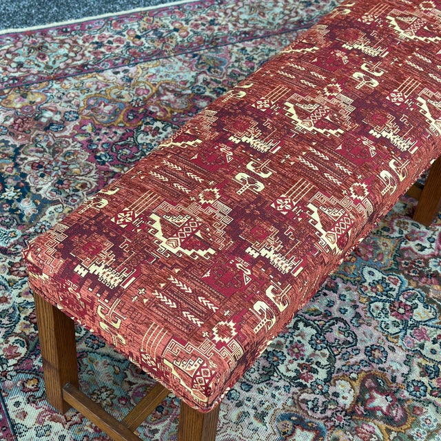 Antique Oak Block Leg Bench Newly Reupholstered in Turkish Orange Kilim Fabric For Sale - Image 4 of 11