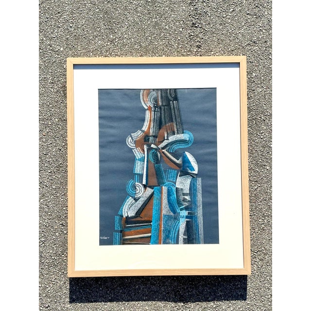 This striking original abstract pastel work on paper offers a masterful exploration of form and color, showcasing an...