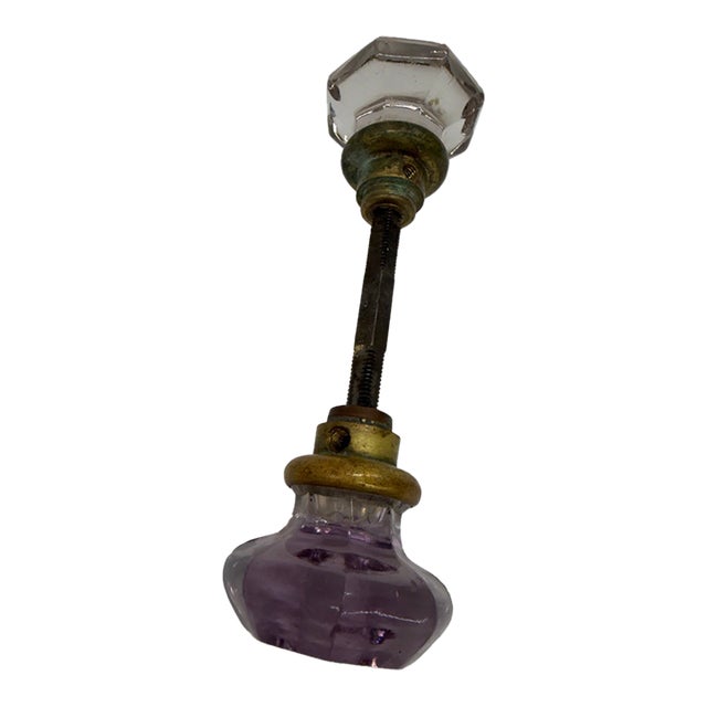 Antique Victorian Sun-Purple Amethyst & Clear Glass Doorknob Set With Spindle For Sale