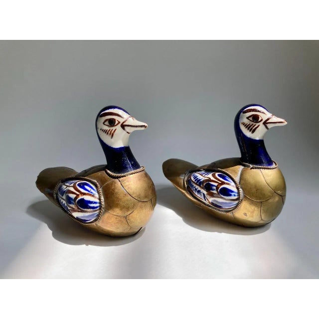 Mexican 1970s Mexican Folk Art Brass and Ceramic Ducks - a Pair For Sale - Image 3 of 13