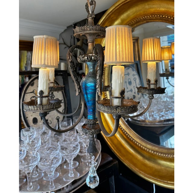 Art Deco Antique Durand Blue Iridescent Glass Chandelier For Sale - Image 3 of 4