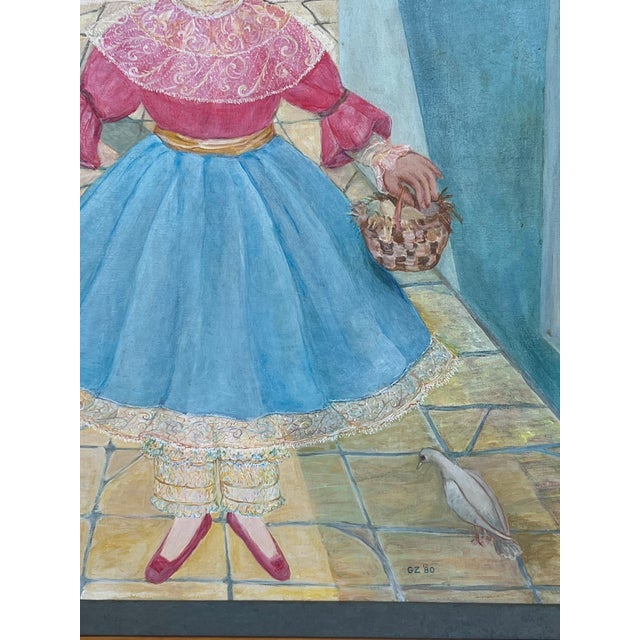 Textile 1980s Gene Zolbert Surrealist Painting Girl With Doves For Sale - Image 7 of 12
