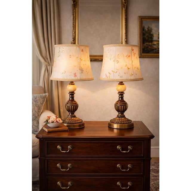 Vintage Urn-Form Table Lamps With Original Hand-Painted Floral Silk Shades - a Pair For Sale - Image 4 of 7