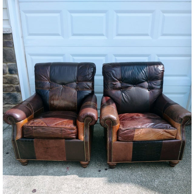 1980s Stunning 3-Piece Seating Set: Paul Robert Patchwork Leather Club Chairs & Pottery Barn Ottoman For Sale - Image 9 of 12