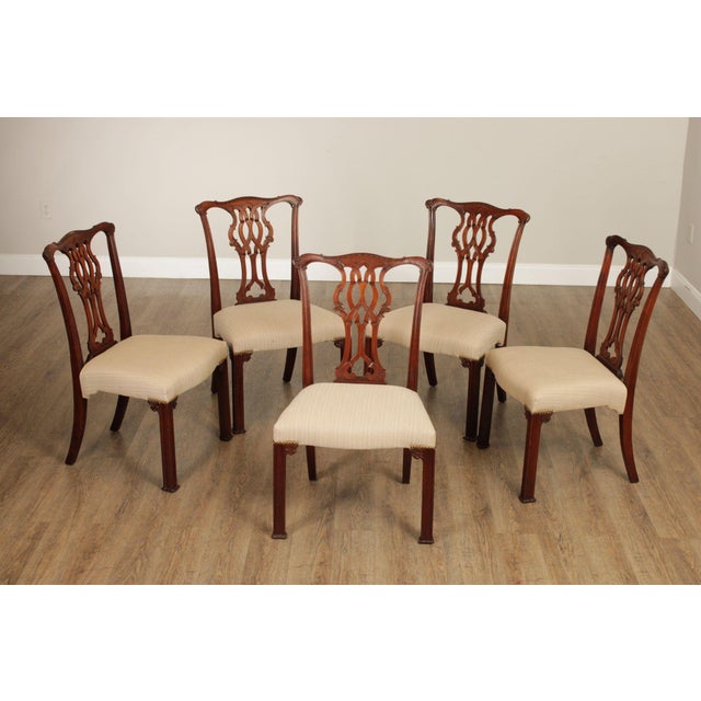 High Quality Set of Five Carved Mahogany Side Chairs with Custom Upholstered Seats