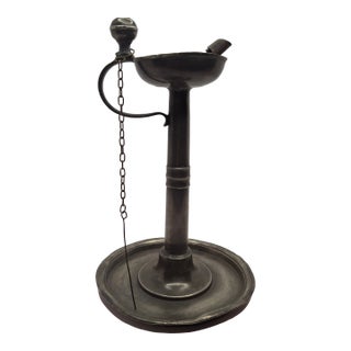 18th C German Pewter Spout Lamp Bremen Hallmark 1680 Key Shield Whale Oil 8" For Sale