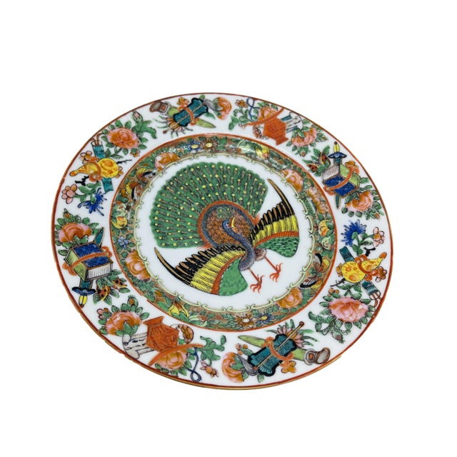 Green Chinese Export Canton Famille Rose Plate With Rare Central Peacock, Ca. 1865 For Sale - Image 8 of 10