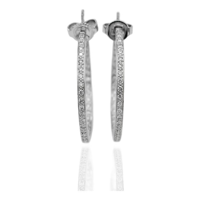 18k 750 Solid White Gold in and Out Natural Diamond Hoop Earrings, Pair For Sale