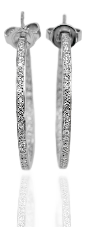 18k 750 Solid White Gold in and Out Natural Diamond Hoop Earrings, Pair