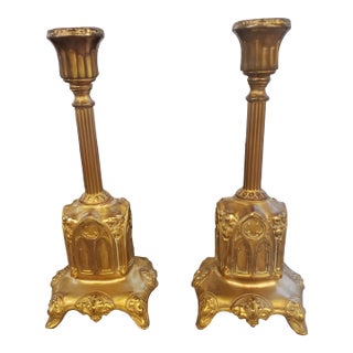 Pair of Gilt Patinated Metal Ecclesiastical Style Candleholders, Circa 1920s For Sale