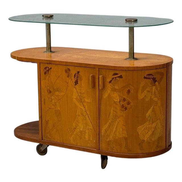Erik Mattsson, Art Deco, Marquetry, Glass, Rare Bar Cart, Sweden C. 1939 For Sale