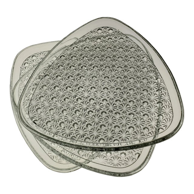 1950's Indiana Glass Co. Triangular Shaped Glass Luncheon Plates With Recessed Inset- Set of 3 For Sale