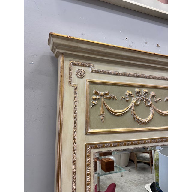 Vintage Carved Wood Beveled Trumeau Mirror in Louis XVI Style, Painted and Gilt For Sale - Image 11 of 12