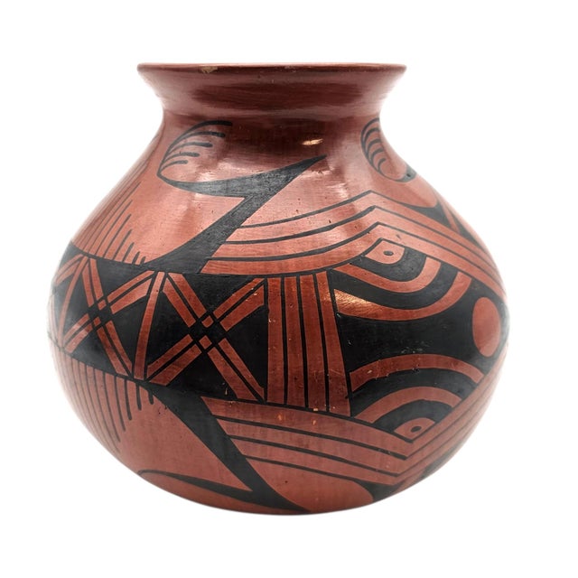 Red Signed Lupe Soto Mata Ortiz Hand Painted Black on Red Geometric Burnished Pottery Vase 6" For Sale - Image 8 of 11
