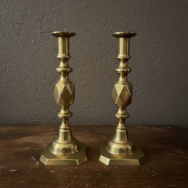 Victorian Antique Queen of Diamonds Brass Candlesticks Pair-Victorian English-1897 Jubilee For Sale - Image 3 of 11