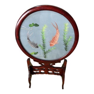 Vintage Chinese Double Sided Koi Fish Silk Embroidery on Wood Stand For Sale