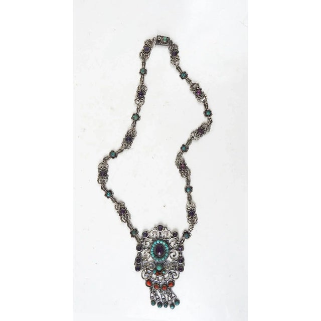 Vintage Matl style sterling, amethyst, turquoise and coral necklace. Marked Morales Mexico MC 102 925 on back of pendant...