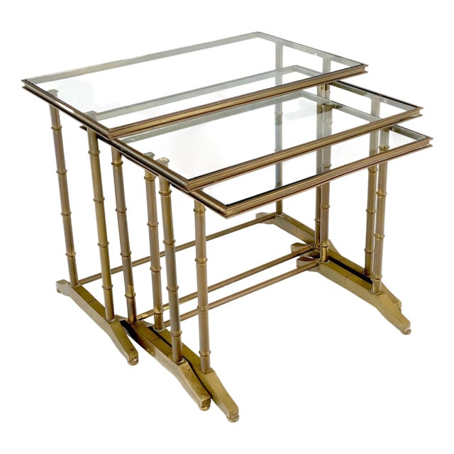 Set of MCM Solid Brass Faux Bamboo Glass Top Nesting Side End Tables Stands For Sale