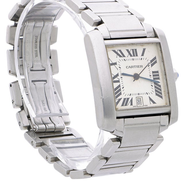 1990s Cartier Tank Francaise 2302 Large Steel Guilloche Roman Dial Blue Hands Watch For Sale - Image 10 of 12