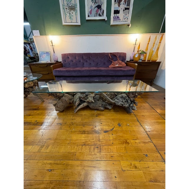 Vintage Driftwood Sculptural Glass Top Coffee Table For Sale - Image 4 of 6
