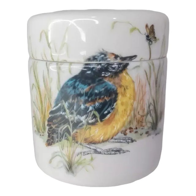 Vintage Enesco Mary Mugg 1978 Round Trinket Vanity Stash Box Oriole Bird For Sale