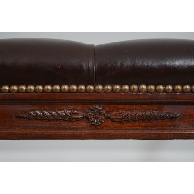 French Louis XVI Style Brown Leather Seat Bench For Sale - Image 9 of 12
