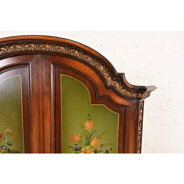 Berkey & Gay Style Antique English Jacobean Carved Walnut Hand Painted Bookcase or Bar Cabinet, Circa 1920s For Sale - Image 10 of 14