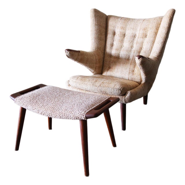1950s Hans J. Wegner Papa Bear Ap19 Chair and Ottoman Teak and Boucle For Sale
