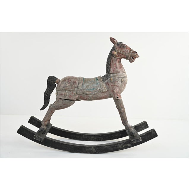 Wood Antique Carved and Painted Wooden Rocking Horse For Sale - Image 7 of 16