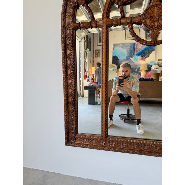 Large John Richard Hand-Carved Walnut Arched Wall Mirror With Ornate Garland Motif For Sale - Image 10 of 12