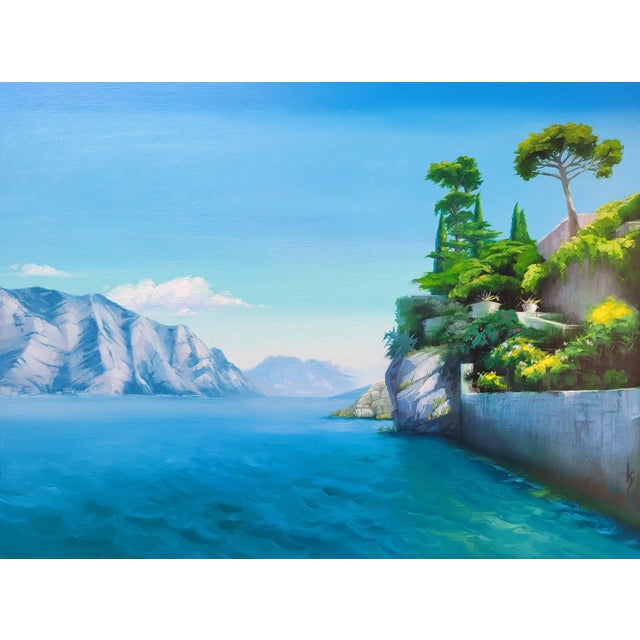 This oil painting captures the serene beauty of Lake Garda, showcasing a vibrant landscape where lush greenery contrasts...