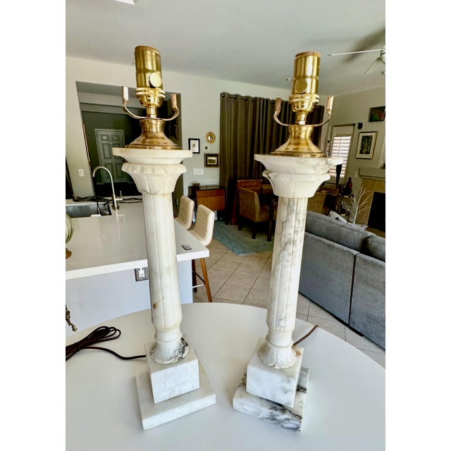 Pair Italian Column Neoclassic Alabaster Table Lamps For Sale - Image 4 of 18