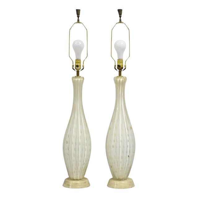 Vintage Murano Italy Camer Glass Gold Flecks White Sinuous Table Lamps - A Pair For Sale