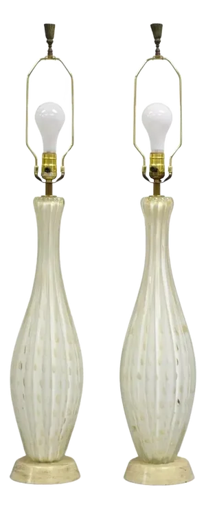 Vintage Murano Italy Camer Glass Gold Flecks White Sinuous Table Lamps - A Pair