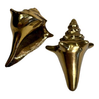 Vintage Coastal Solid Polished Brass Shell Sculpture Decorative Objects, a Pair For Sale