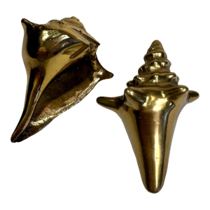 Vintage Coastal Solid Polished Brass Shell Sculpture Decorative Objects, a Pair