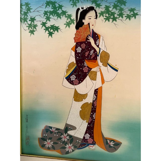 Wood Mid-Century Japanese Silk Paintings by Ishikawa Kiyohiko - Framed - A Pair For Sale - Image 7 of 12
