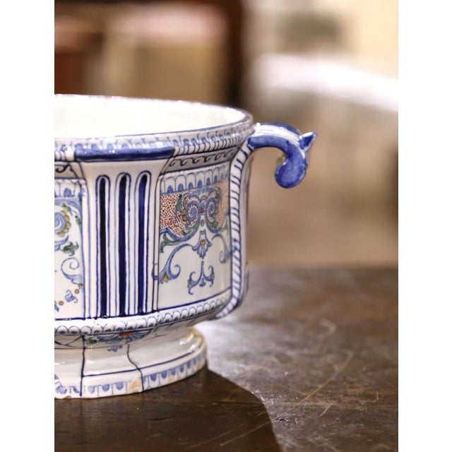 Ceramic Early 20th Century French Desvres Faience Jardinière With Mask Handles and Scrollwork For Sale - Image 7 of 9