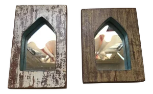 Vintage Indian Archway Painted Teak Mirrors - A Pair