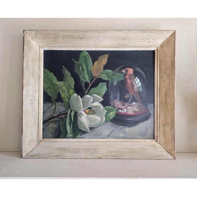 Mid 20th Century Virginia Woolley Original Oil Painting Cardinal Under Glass With Magnolia Framed For Sale - Image 12 of 12