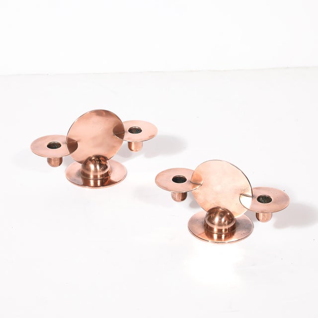 Pair of Art Deco Copper Candlestick Holders by Walter Von Nessen Signed Chase For Sale - Image 14 of 17